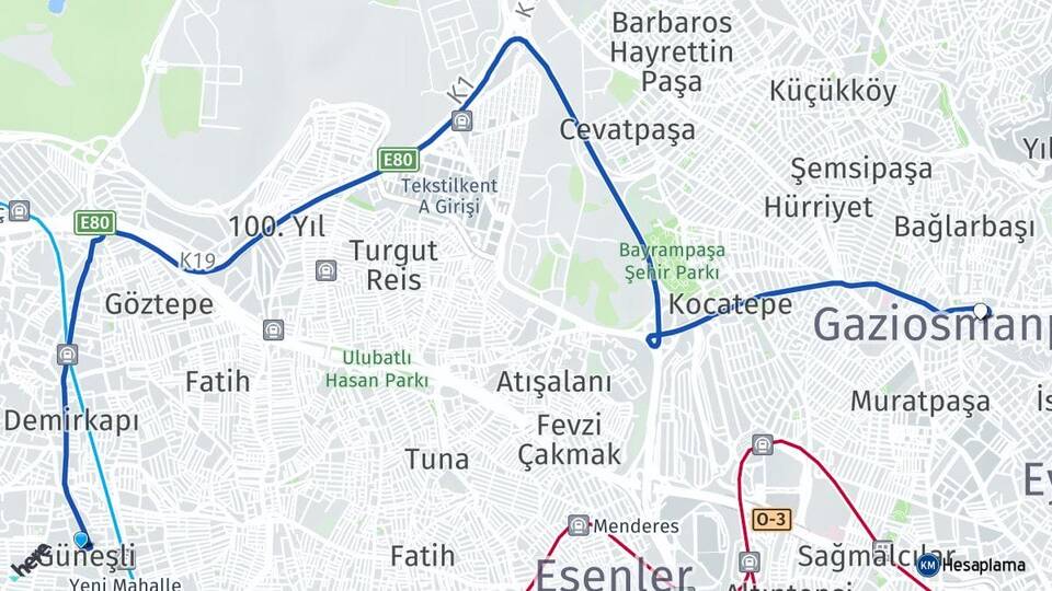 İstanbul Bağcılar Güneşli Gaziosmanpaşa Arası Kaç Km - Yol Haritası