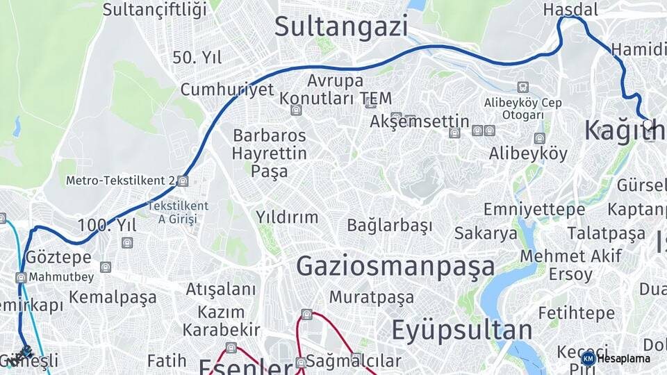 İstanbul Bağcılar Güneşli Kağıthane Arası Kaç Km - Yol Haritası