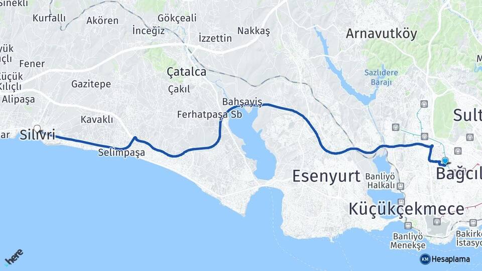 İstanbul Bağcılar Güneşli Silivri Arası Kaç Km - Yol Haritası