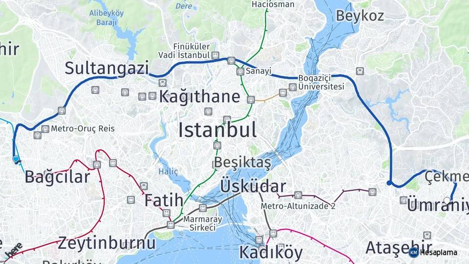 İstanbul Bağcılar Güneşli Ümraniye Arası Kaç Km - Yol Haritası