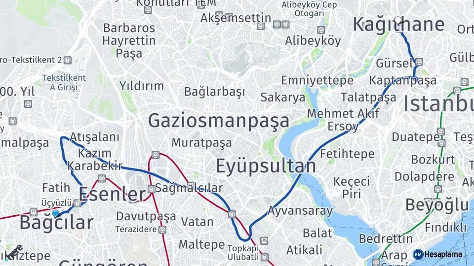 İstanbul Bağcılar Kağıthane Arası Kaç Km - Yol Haritası