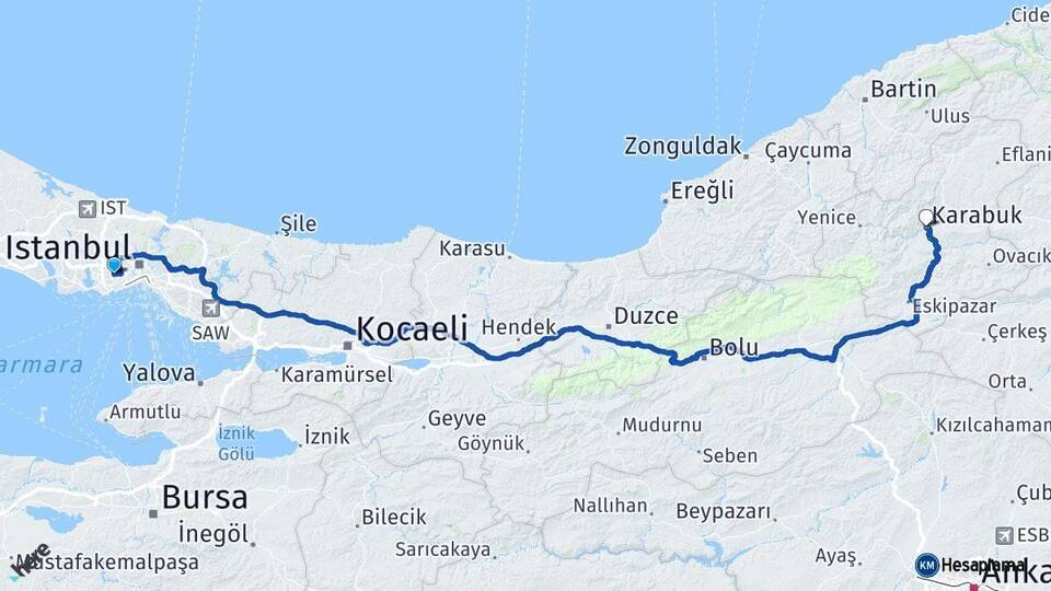 İstanbul Bağcılar Karabük Arası Kaç Km - Yol Haritası