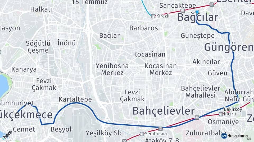 İstanbul Bağcılar Küçükçekmece Arası Kaç Km - Yol Haritası