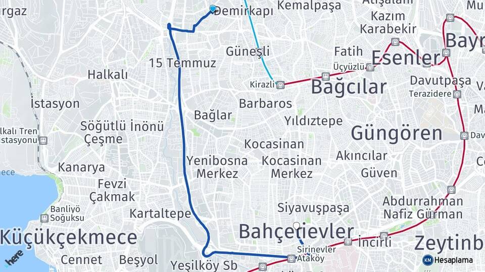 İstanbul Bağcılar Mahmutbey Bahçelievler Arası Kaç Km - Yol Haritası