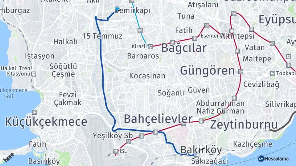 İstanbul Bağcılar Mahmutbey Bakırköy Arası Kaç Km - Yol Haritası