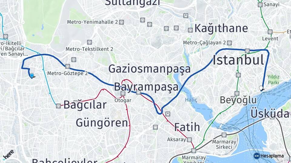 İstanbul Bağcılar Mahmutbey Beşiktaş Arası Kaç Km - Yol Haritası