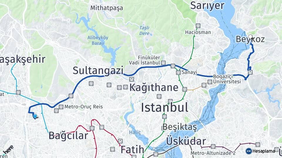 İstanbul Bağcılar Mahmutbey Beykoz Arası Kaç Km - Yol Haritası