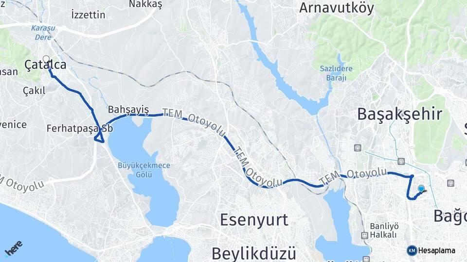 İstanbul Bağcılar Mahmutbey Çatalca Arası Kaç Km - Yol Haritası