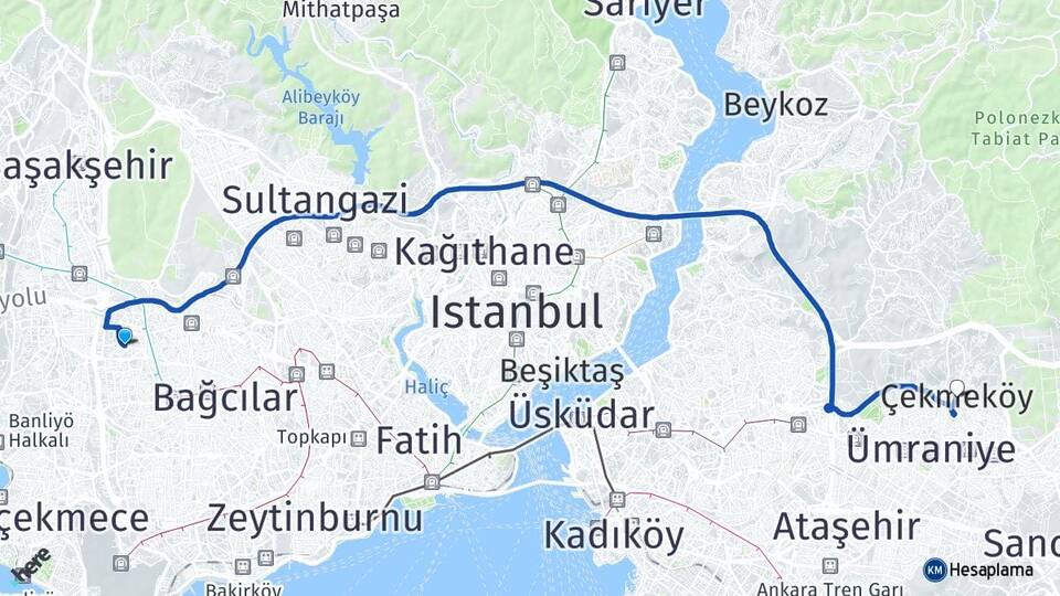 İstanbul Bağcılar Mahmutbey Çekmeköy Arası Kaç Km - Yol Haritası