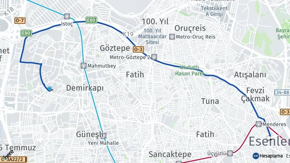 İstanbul Bağcılar Mahmutbey Esenler Arası Kaç Km - Yol Haritası