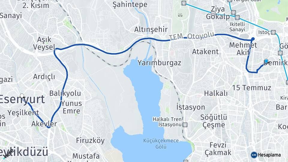 İstanbul Bağcılar Mahmutbey Esenyurt Arası Kaç Km - Yol Haritası