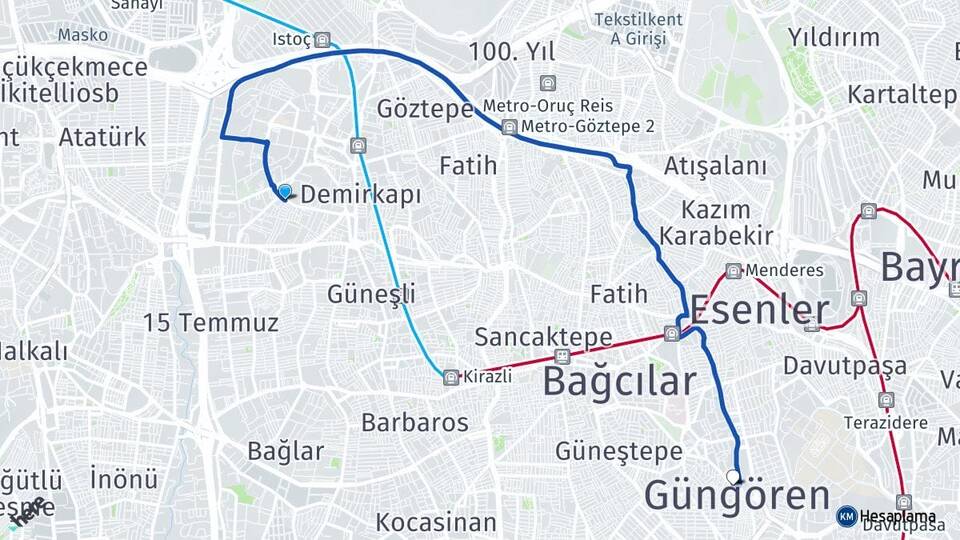 İstanbul Bağcılar Mahmutbey Güngören Arası Kaç Km - Yol Haritası