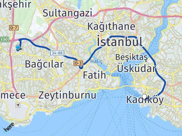 İstanbul Bağcılar Mahmutbey Kadıköy Arası Kaç Km - Yol Haritası
