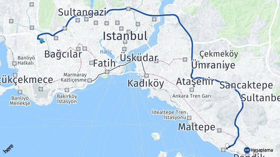 İstanbul Bağcılar Mahmutbey Kartal Arası Kaç Km - Yol Haritası