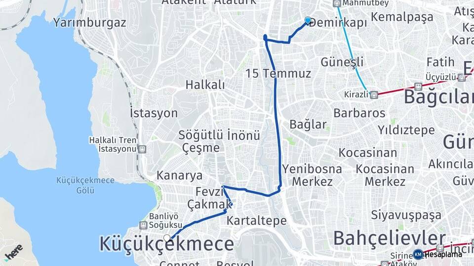 İstanbul Bağcılar Mahmutbey Küçükçekmece Arası Kaç Km - Yol Haritası