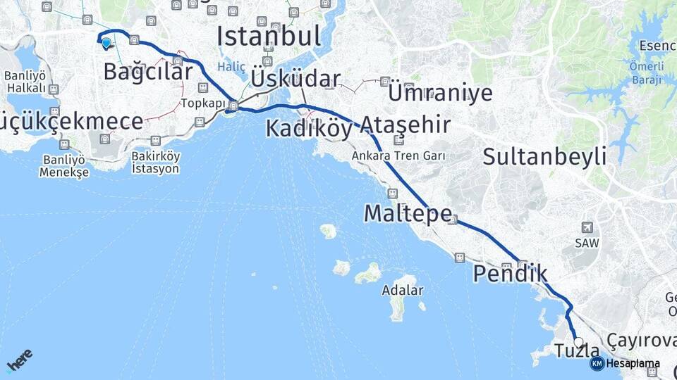 İstanbul Bağcılar Mahmutbey Tuzla Arası Kaç Km - Yol Haritası