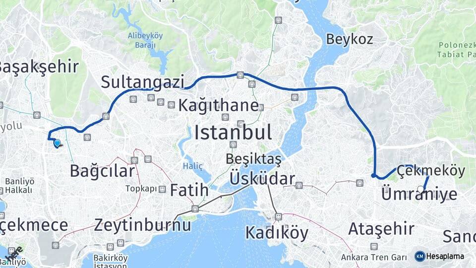 İstanbul Bağcılar Mahmutbey Ümraniye Arası Kaç Km - Yol Haritası