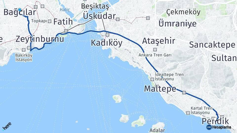 İstanbul Bağcılar Pendik Arası Kaç Km - Yol Haritası