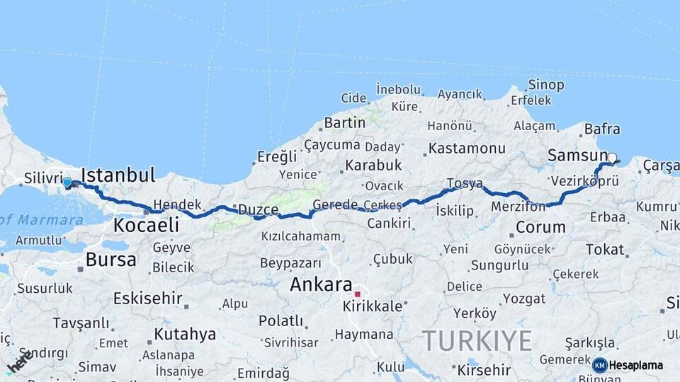 İstanbul Bağcılar Samsun Arası Kaç Km - Yol Haritası