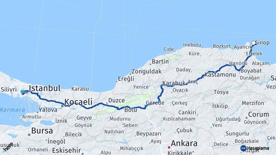 İstanbul Bağcılar Sinop Arası Kaç Km - Yol Haritası