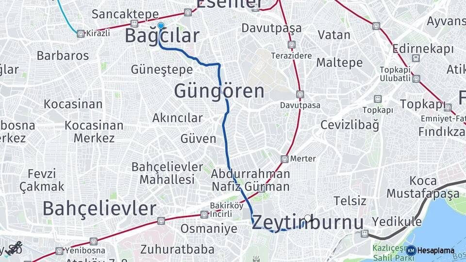 İstanbul Bağcılar Zeytinburnu Arası Kaç Km - Yol Haritası