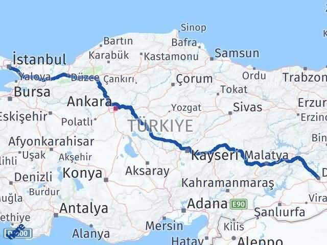 İstanbul Bağlar Diyarbakır Arası Kaç Km - Yol Haritası