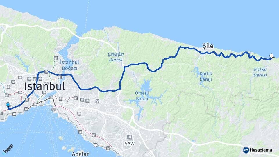 İstanbul Bahçelievler Ağva Şile Arası Kaç Km - Yol Haritası