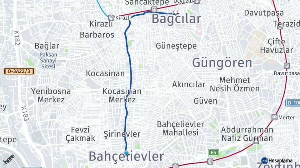 İstanbul Bahçelievler Bağcılar Arası Kaç Km - Yol Haritası