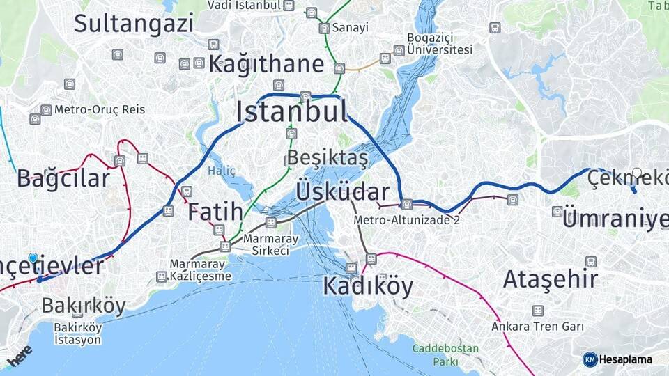 İstanbul Bahçelievler Çekmeköy Arası Kaç Km - Yol Haritası
