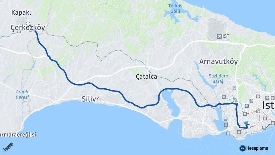 İstanbul Bahçelievler Çerkezköy Tekirdağ Arası Kaç Km - Yol Haritası