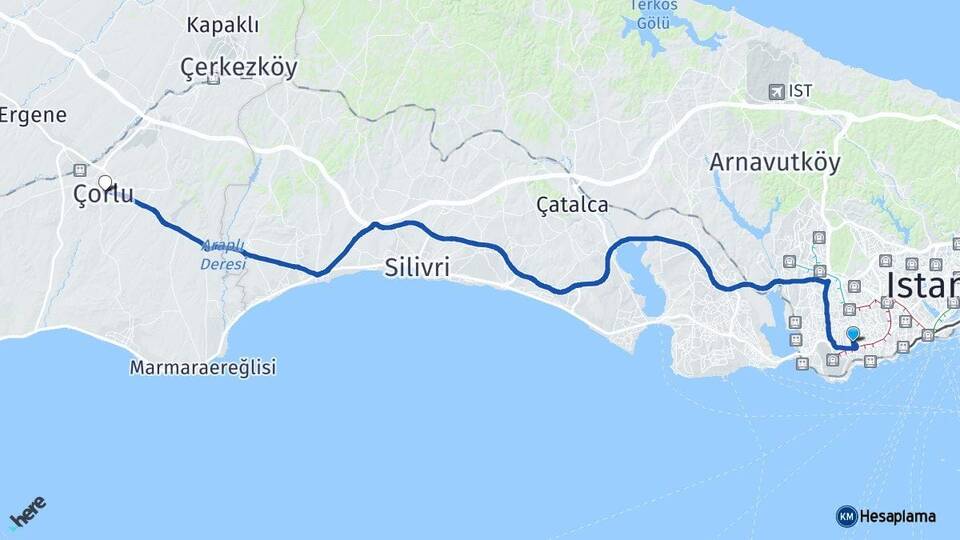 İstanbul Bahçelievler Çorlu Tekirdağ Arası Kaç Km - Yol Haritası