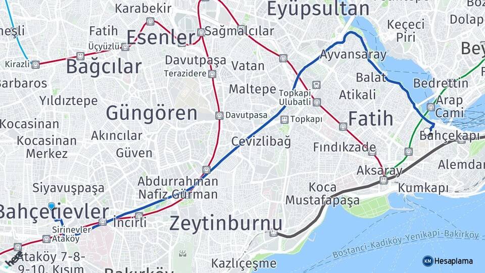 İstanbul Bahçelievler Eminönü Fatih Arası Kaç Km - Yol Haritası