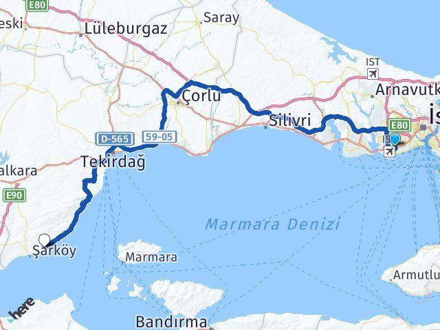 İstanbul Bahçelievler Eriklice Şarköy Tekirdağ Arası Kaç Km - Yol Haritası