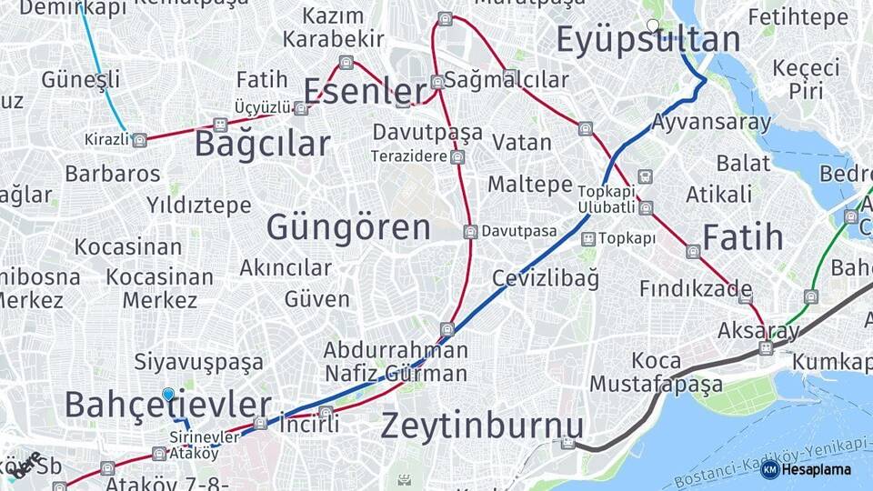 İstanbul Bahçelievler Eyüpsultan Arası Kaç Km - Yol Haritası