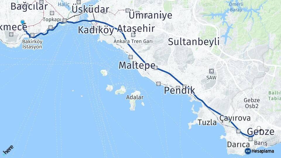 İstanbul Bahçelievler Gebze Kocaeli Arası Kaç Km - Yol Haritası