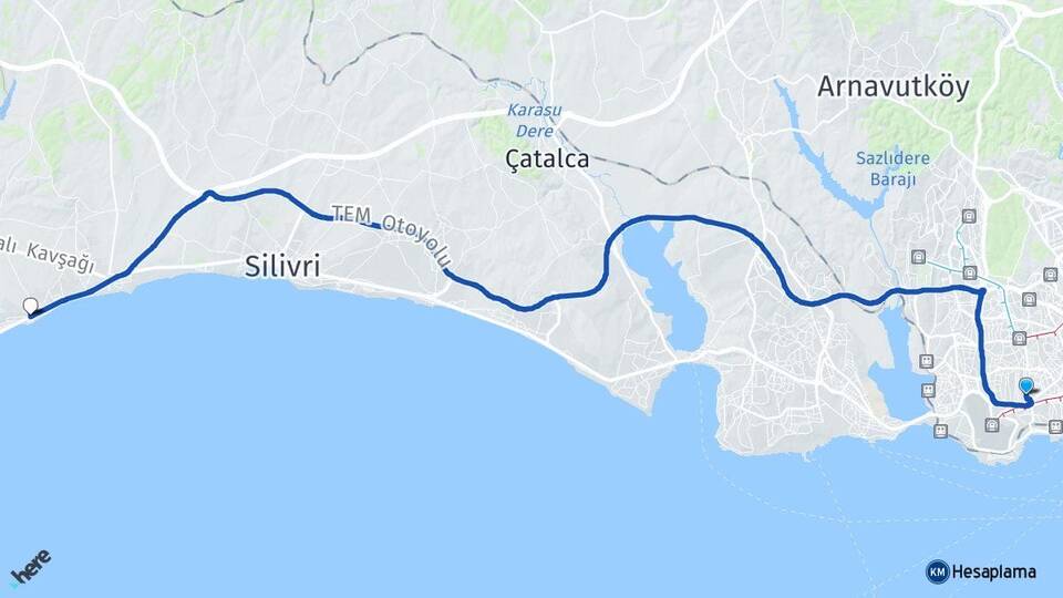 İstanbul Bahçelievler Gümüşyaka Silivri Arası Kaç Km - Yol Haritası