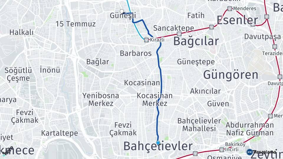 İstanbul Bahçelievler Güneşli Bağcılar Arası Kaç Km - Yol Haritası