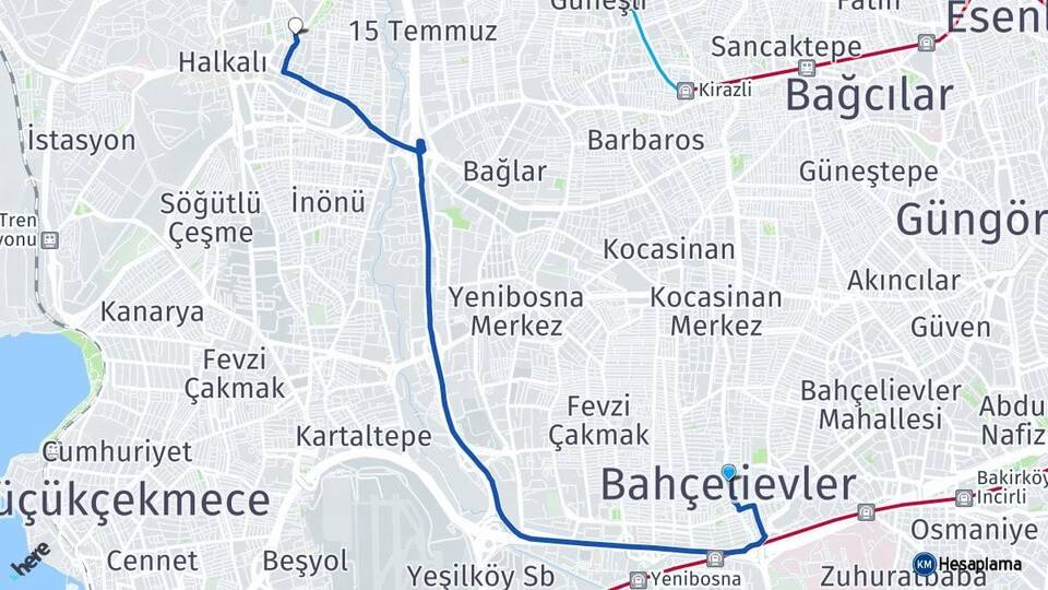 İstanbul Bahçelievler Halkalı Küçükçekmece Arası Kaç Km - Yol Haritası