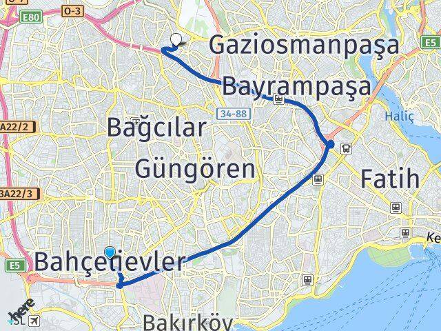 İstanbul Bahçelievler Havaalanı Esenler Arası Kaç Km - Yol Haritası