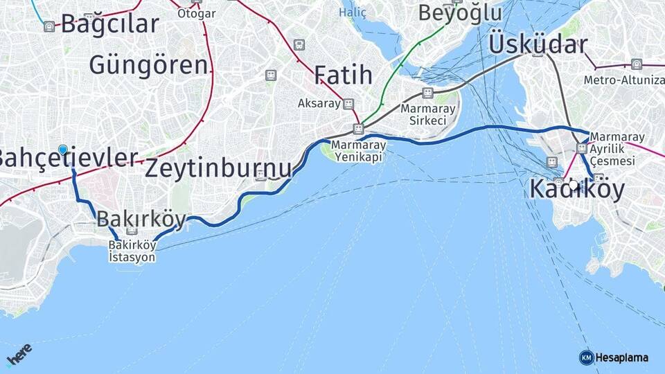 İstanbul Bahçelievler Kadıköy Arası Kaç Km - Yol Haritası