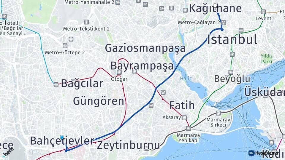 İstanbul Bahçelievler Kağıthane Arası Kaç Km - Yol Haritası