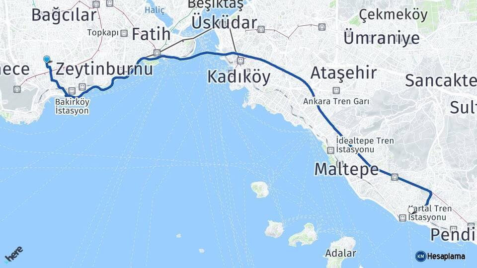 İstanbul Bahçelievler Kartal Arası Kaç Km - Yol Haritası