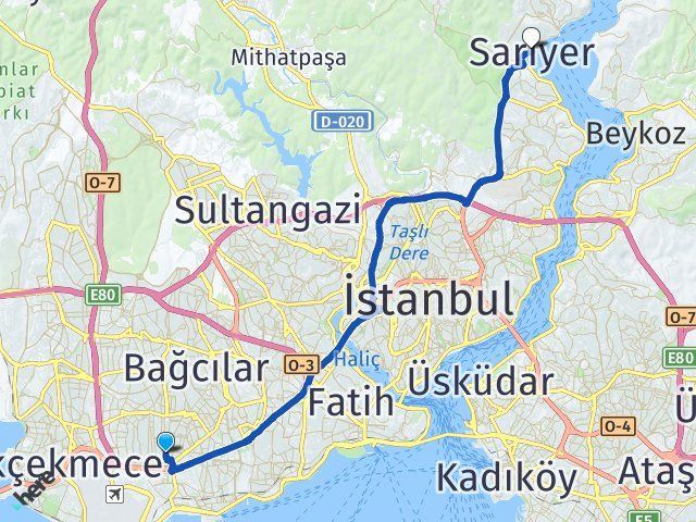 istanbul bahcelievler sariyer istanbul arasi kac km