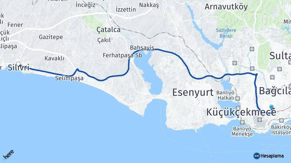 İstanbul Bahçelievler Silivri Arası Kaç Km - Yol Haritası