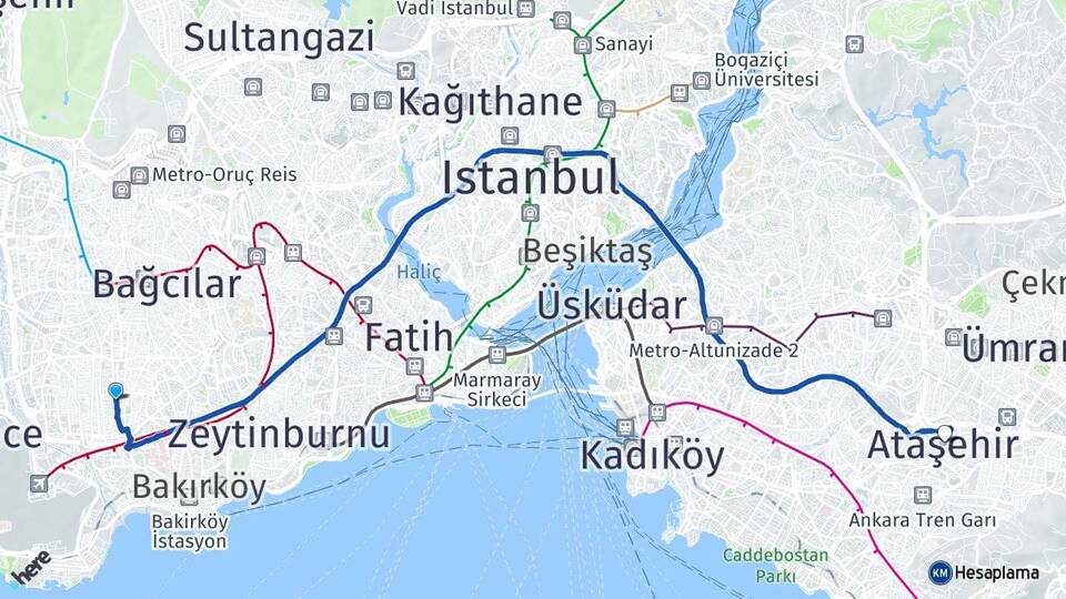 İstanbul Bahçelievler Şirinevler Ataşehir Arası Kaç Km - Yol Haritası