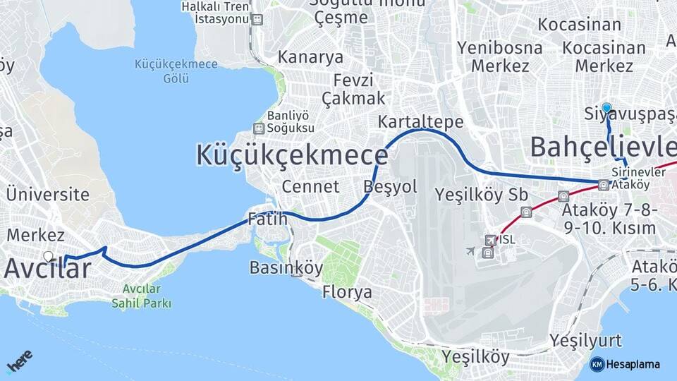 İstanbul Bahçelievler Şirinevler Avcılar Arası Kaç Km - Yol Haritası
