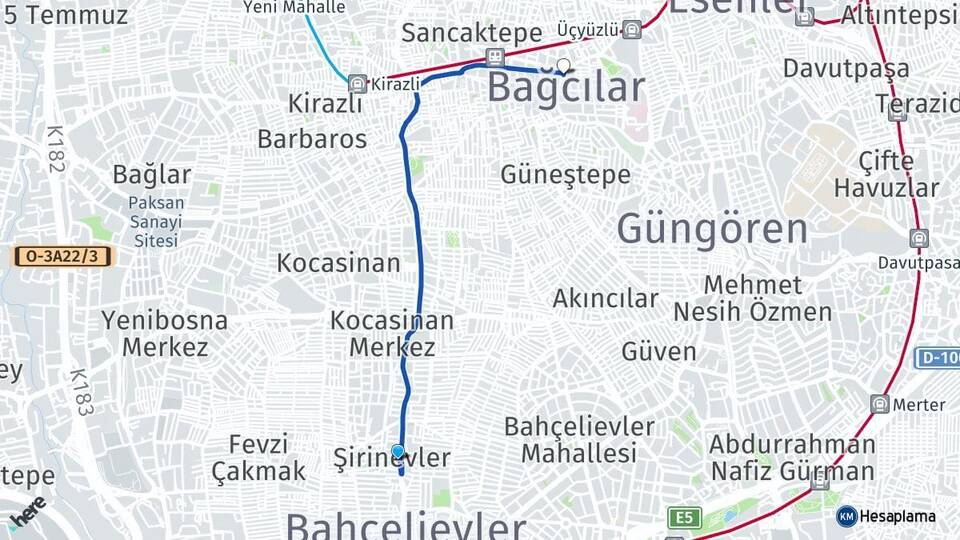 İstanbul Bahçelievler Şirinevler Bağcılar Arası Kaç Km - Yol Haritası