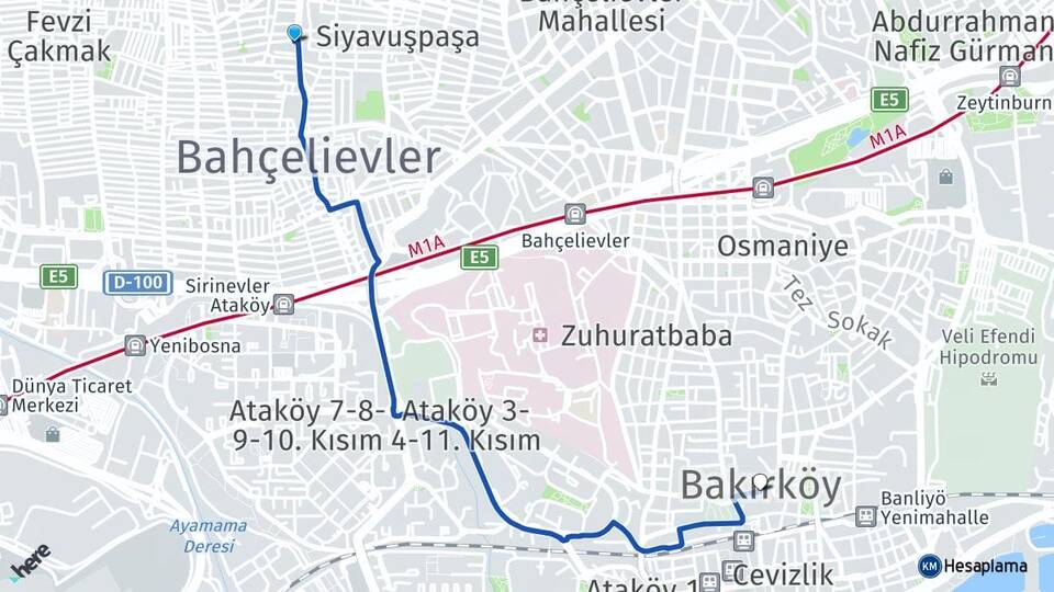 İstanbul Bahçelievler Şirinevler Bakırköy Arası Kaç Km - Yol Haritası