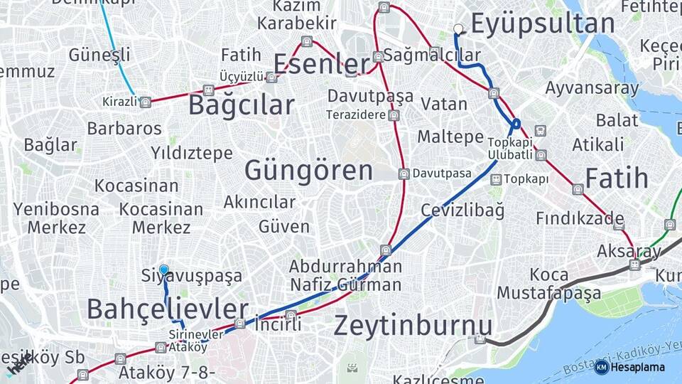 İstanbul Bahçelievler Şirinevler Bayrampaşa Arası Kaç Km - Yol Haritası