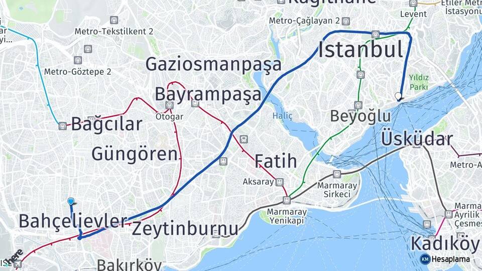 İstanbul Bahçelievler Şirinevler Beşiktaş Arası Kaç Km - Yol Haritası